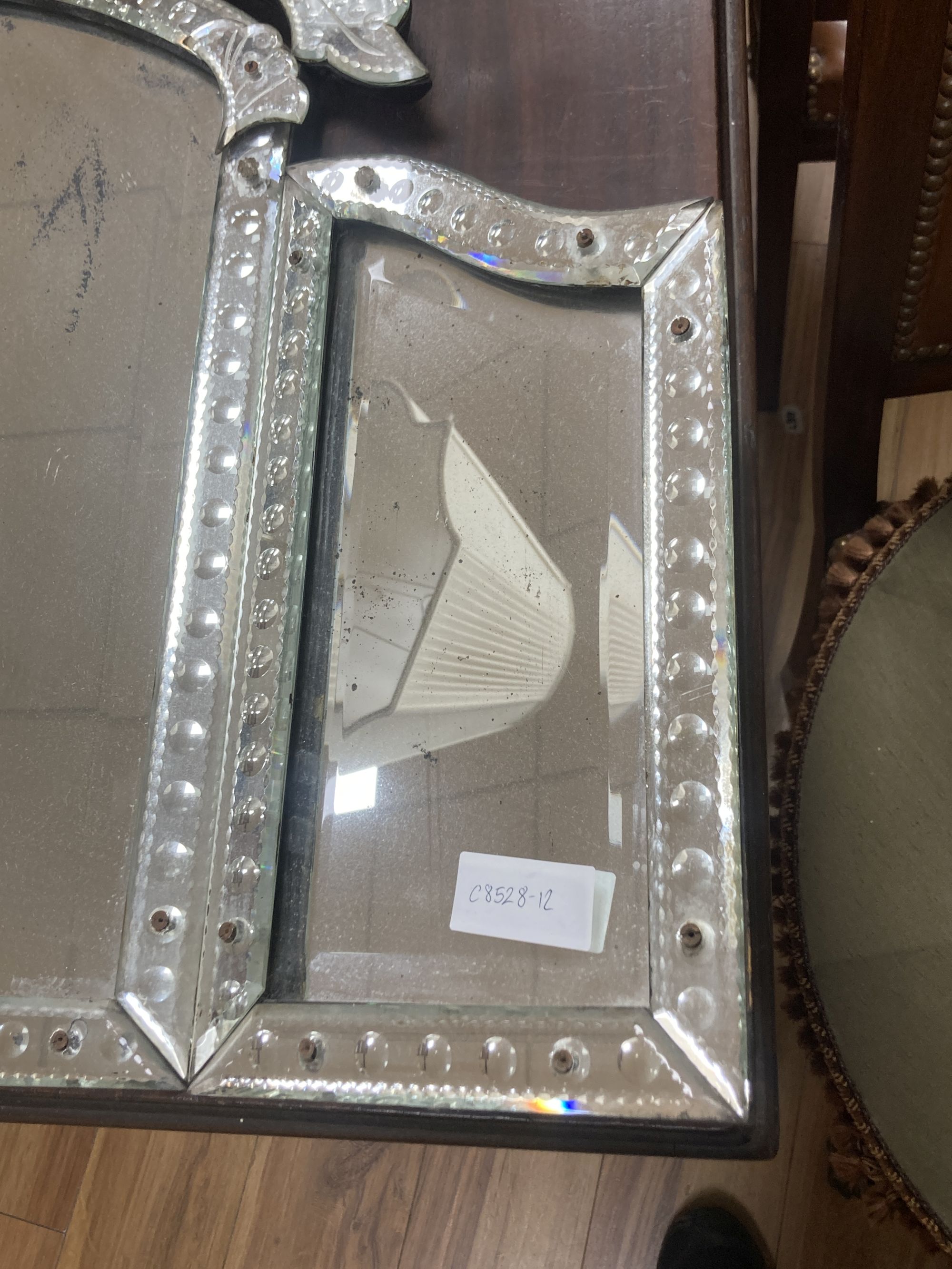 A Venetian glass triple dressing table mirror, width 88cm, height 63cm
